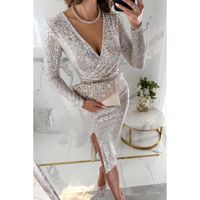 Femmes Robe De Fête Style Classique Col En V Paillettes Fente Fermeture Éclair Manche Longue Couleur Unie Au Genou Fête Cocktail Party sku image 1