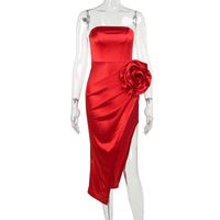 Women's Party Dress Sexy Strapless Slit Pleated Sleeveless Solid Color Flower Maxi Long Dress Daily Street sku image 11