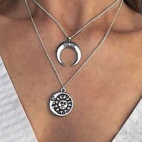 Fashion Geometric Circle Water Drop Horns Moon Hollow World Map Long Three-layer Necklace Clavicle Chain sku image 3