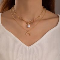 Fashion Geometric Circle Water Drop Horns Moon Hollow World Map Long Three-layer Necklace Clavicle Chain sku image 5