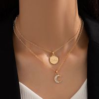Fashion Geometric Circle Water Drop Horns Moon Hollow World Map Long Three-layer Necklace Clavicle Chain sku image 7