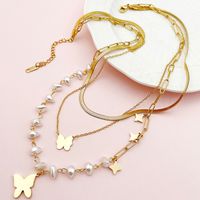 304 Stainless Steel Artificial Pearl 14K Gold Plated Elegant Vintage Style Layered Enamel Plating Butterfly Shell Three Layer Necklace main image 3