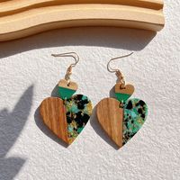 1 Par Clásico Retro Gotitas De Agua Forma De Corazón Impresión Enchapado Madera Resina Chapado En Oro De 14 Quilates. Pendientes De Gota sku image 6