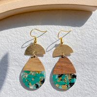 1 Pair Classical Retro Water Droplets Heart Shape Printing Plating Wood Resin 14k Gold Plated Drop Earrings sku image 7