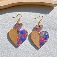 1 Pair Classical Classic Style Water Droplets Heart Shape Printing Wood Resin 14k Gold Plated Drop Earrings sku image 7