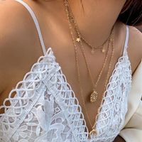 Fashion Geometric Circle Water Drop Horns Moon Hollow World Map Long Three-layer Necklace Clavicle Chain sku image 12