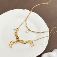 304 Stainless Steel Artificial Crystal Artificial Pearl 18K Gold Plated Elegant Simple Style Plating Star Moon Pearl Double Layer Necklaces main image 1