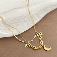 304 Stainless Steel Artificial Crystal Artificial Pearl 18K Gold Plated Elegant Simple Style Plating Star Moon Pearl Double Layer Necklaces main image 3