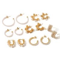 1 Pair Vacation Modern Style Simple Style C Shape Beaded Plating Inlay 304 Stainless Steel Artificial Pearls Rhinestones 18K Gold Plated Ear Studs main image 5