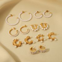 1 Pair Vacation Modern Style Simple Style C Shape Beaded Plating Inlay 304 Stainless Steel Artificial Pearls Rhinestones 18K Gold Plated Ear Studs main image 3