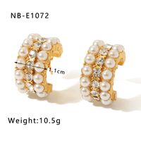 1 Pair Vacation Modern Style Simple Style C Shape Beaded Plating Inlay 304 Stainless Steel Artificial Pearls Rhinestones 18K Gold Plated Ear Studs sku image 6
