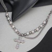 304 Stainless Steel Ethnic Style Beaded Plating Inlay Cross Abs Reflective Beads Zircon Pendant Necklace main image 4