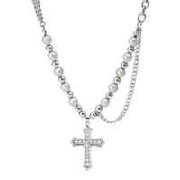 304 Stainless Steel Ethnic Style Beaded Plating Inlay Cross Abs Reflective Beads Zircon Pendant Necklace main image 1