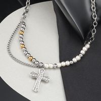Hip-Hop Cross 304 Stainless Steel Artificial Pearl Beaded Polishing Zircon Unisex Pendant Necklace main image 1