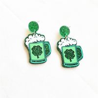 1 Pair Casual Simple Style Shamrock Four Leaf Clover Printing Stoving Varnish Carving Arylic Metal Drop Earrings sku image 3