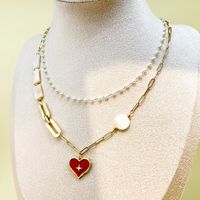 304 Stainless Steel Artificial Pearl Shell 14K Gold Plated Vintage Style Sweet Layered Enamel Plating Heart Shape Double Layer Necklaces main image 1