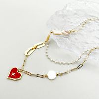 304 Stainless Steel Artificial Pearl Shell 14K Gold Plated Vintage Style Sweet Layered Enamel Plating Heart Shape Double Layer Necklaces main image 3