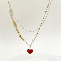 304 Stainless Steel Artificial Pearl Shell 14K Gold Plated Vintage Style Sweet Layered Enamel Plating Heart Shape Double Layer Necklaces main image 4