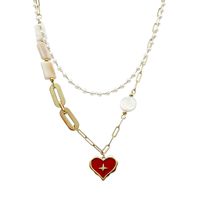 304 Stainless Steel Artificial Pearl Shell 14K Gold Plated Vintage Style Sweet Layered Enamel Plating Heart Shape Double Layer Necklaces main image 5