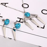 304 Stainless Steel 18K Gold Plated Simple Style British Style Plating Inlay Geometric Round Turquoise Jewelry Set main image 5