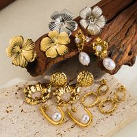 1 Pair Classic Style Solid Color Flower Plating Inlay Stainless Steel Artificial Pearls 14k Gold Plated Drop Earrings main image 1