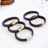 Vintage Style Simple Style Circle Stainless Steel Pu Leather Handmade Metal Button Men's Bracelets main image 1