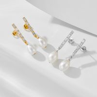 1 Pair Simple Style Geometric Solid Color Plating Inlay Freshwater Pearl Sterling Silver Zircon Drop Earrings main image 3