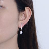 1 Pair Simple Style Geometric Solid Color Plating Inlay Freshwater Pearl Sterling Silver Zircon Drop Earrings main image 2