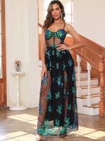Women's Strap Dress Sexy Strap Sequins See-through Backless Sleeveless Flower Maxi Long Dress Banquet Party Cocktail Party main image 2