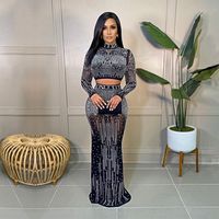 Women's Sexy High Neck Hollow Out Diamond Long Sleeve Solid Color Party Cocktail Party sku image 2