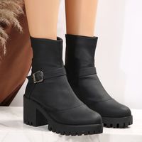 Women's Vintage Style British Style Solid Color Sewing Thread Metal Button Round Toe Booties sku image 1