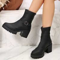 Women's Vintage Style British Style Solid Color Sewing Thread Metal Button Round Toe Booties main image 4
