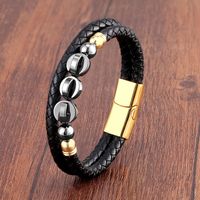 Vintage Style Classic Style Round Leather Rope Stone Metal Handmade Metal Button Men's Bracelets sku image 1