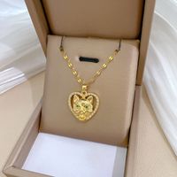 Wholesale Simple Style Heart Shape Cat Titanium Steel Copper Plating Inlay Artificial Gemstones Pendant Necklace main image 3