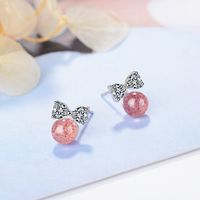 1 Paire Mignon Dame Sucré Rond Noeud D'Arc Incruster Le Cuivre Cristal Artificiel Zircon Or Blanc Plaqué Boucles D'Oreilles main image 1