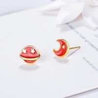1 Pair Sweet Classic Style Commute Star Moon Asymmetrical Drip Glazed Plating Copper 18k Gold Plated Ear Studs main image 3