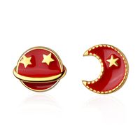 1 Pair Sweet Classic Style Commute Star Moon Asymmetrical Drip Glazed Plating Copper 18k Gold Plated Ear Studs main image 5