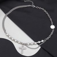 304 Stainless Steel Ethnic Style Beaded Plating Inlay Cross Abs Reflective Beads Zircon Pendant Necklace main image 5