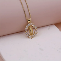 Simple Style Shiny Virgin Mary Oval Copper Plating Inlay Zircon 18k Gold Plated Pendant Necklace sku image 1