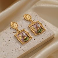 1 Pair Retro Pastoral Square Oval Flower Plating Hollow Out Inlay Copper Freshwater Pearl Shell 18k Gold Plated Drop Earrings main image 10
