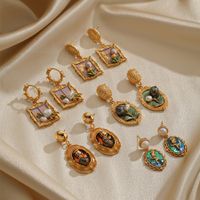 1 Pair Retro Pastoral Square Oval Flower Plating Hollow Out Inlay Copper Freshwater Pearl Shell 18k Gold Plated Drop Earrings main image 1