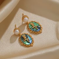 1 Pair Retro Pastoral Square Oval Flower Plating Hollow Out Inlay Copper Freshwater Pearl Shell 18k Gold Plated Drop Earrings main image 9