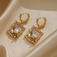1 Pair Retro Pastoral Square Oval Flower Plating Hollow Out Inlay Copper Freshwater Pearl Shell 18k Gold Plated Drop Earrings main image 7