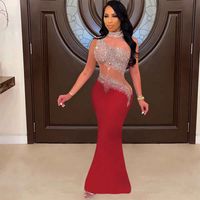 Femmes Robe De Fête Sexy Col Haut Voir À Travers Diamant Dos Nu Sans Manches Couleur Unie Maxi Longue Robe Banquet Fête main image 5