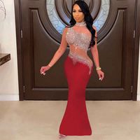 Women's Party Dress Sexy High Neck See-through Diamond Backless Sleeveless Solid Color Maxi Long Dress Banquet Party main image 5