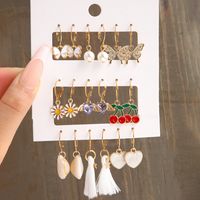 New Alloy Inlaid Rhinestone Butterfly Peach Heart Cherry Pearl Earrings Set 9 Pairs sku image 3