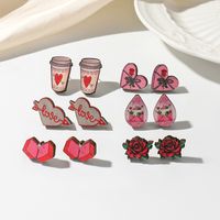 1 Pair Cartoon Style Letter Heart Shape Flower Wood Ear Studs main image 1