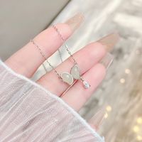 Elegant Simple Style Butterfly Sterling Silver Plating Inlay Hetian Jade Zircon Rhodium Plated Necklace main image 5