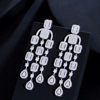 1 Pair Luxurious Shiny Round Square Water Droplets Tassel Plating Inlay Copper Zircon Rhodium Plated Silver Plated Drop Earrings main image 4