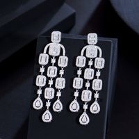 1 Pair Luxurious Shiny Round Square Water Droplets Tassel Plating Inlay Copper Zircon Rhodium Plated Silver Plated Drop Earrings main image 6